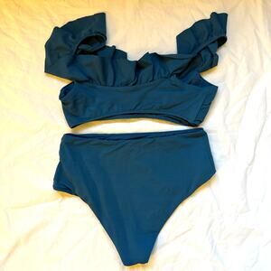 Eberjey bikini, blue, high waist bottom, ruffle top EUC, size M